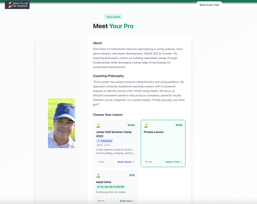 PlayIQ facility page showing coaching programs and booking options